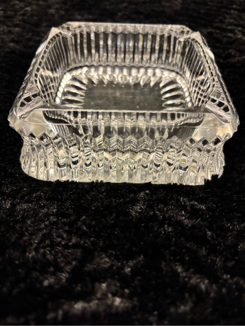 Vintage crystal glass ribbed square ashtray